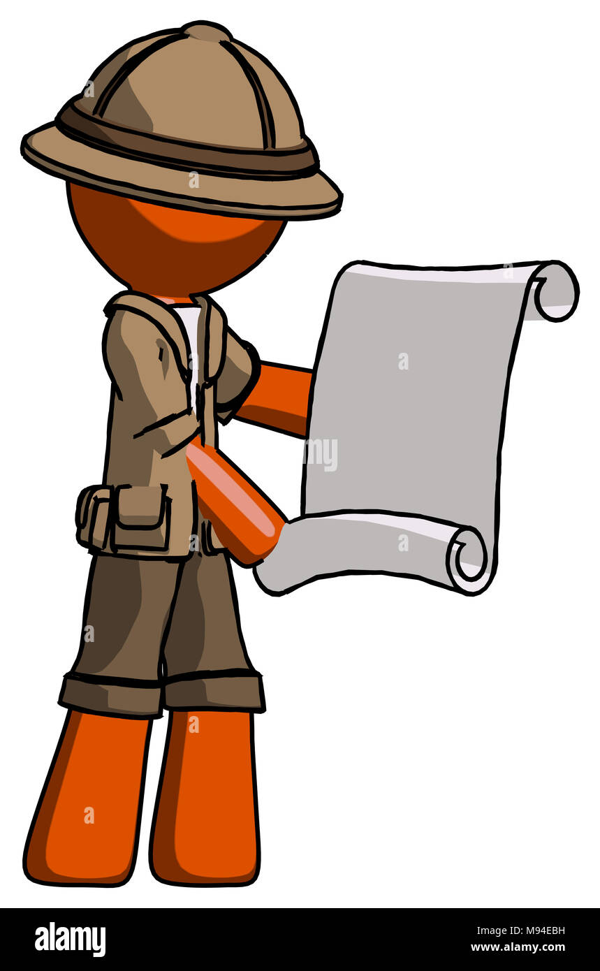 Orange explorer ranger man holding blueprints or scroll Stock Photo - Alamy