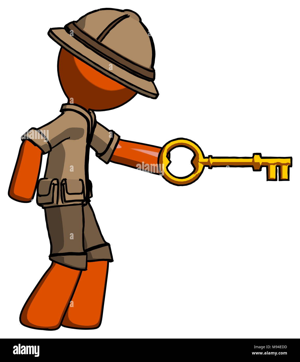Orange explorer ranger man with big key of gold opening something Stock ...