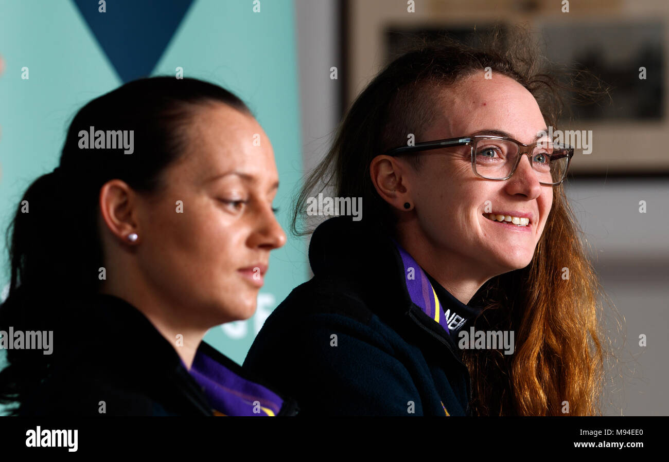 Oxford University's women's blue boat President Katherine Erickson, (right) alongside Cox Jessica Buck, (left) during a press conference at the Thames Rowing Club, London. Stock Photo