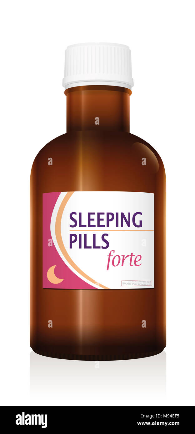 Sleeping pills medicine bottle vial - illustration over white background. Stock Photo