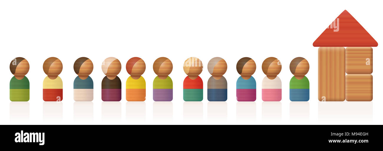 Queue or waiting line with toy figures and building blocks - illustration on white background. Stock Photo