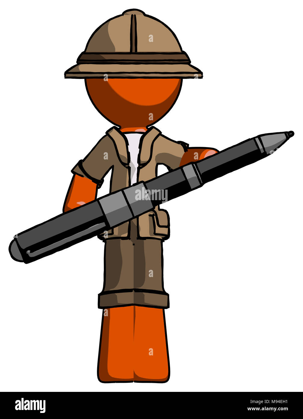 Orange explorer ranger man posing confidently with giant pen hopefully ...