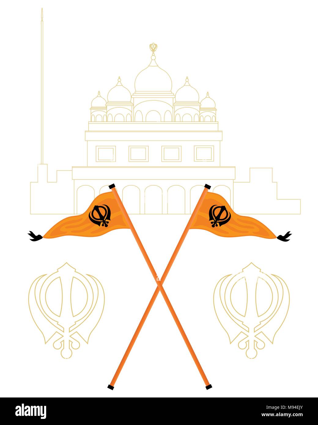 an illustration of an abstract white and gold gurdwara with the sikh flags called nishan sahib in orange and black Stock Vector