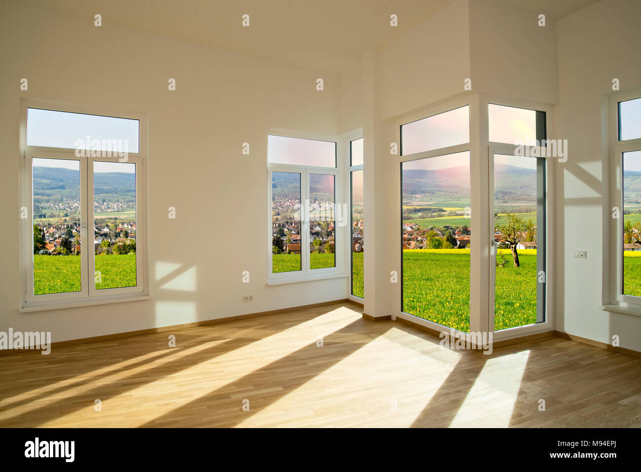 View from the interior of a new building in a rural area. Stock Photo