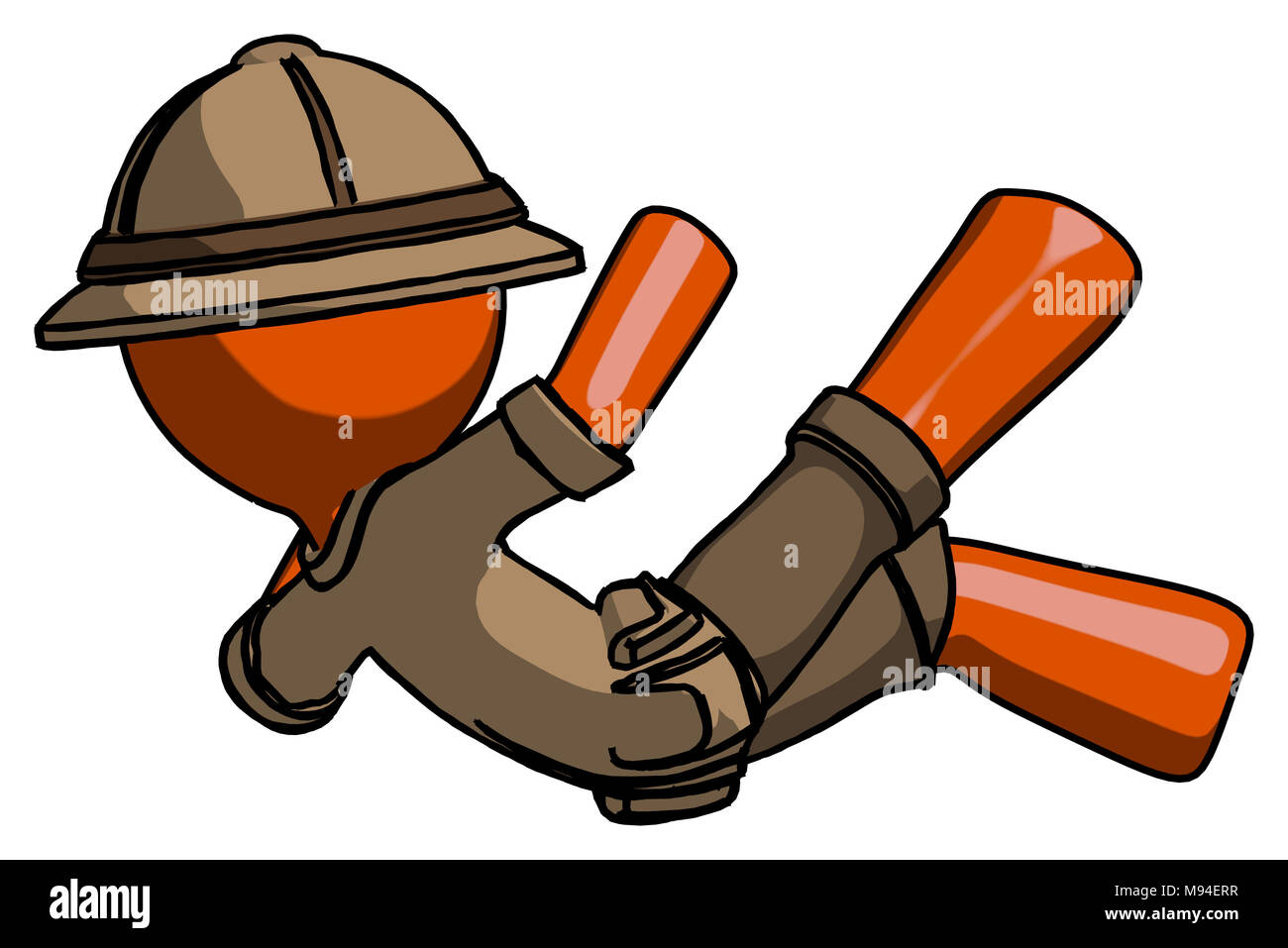 Orange explorer ranger man falling backwards Stock Photo - Alamy