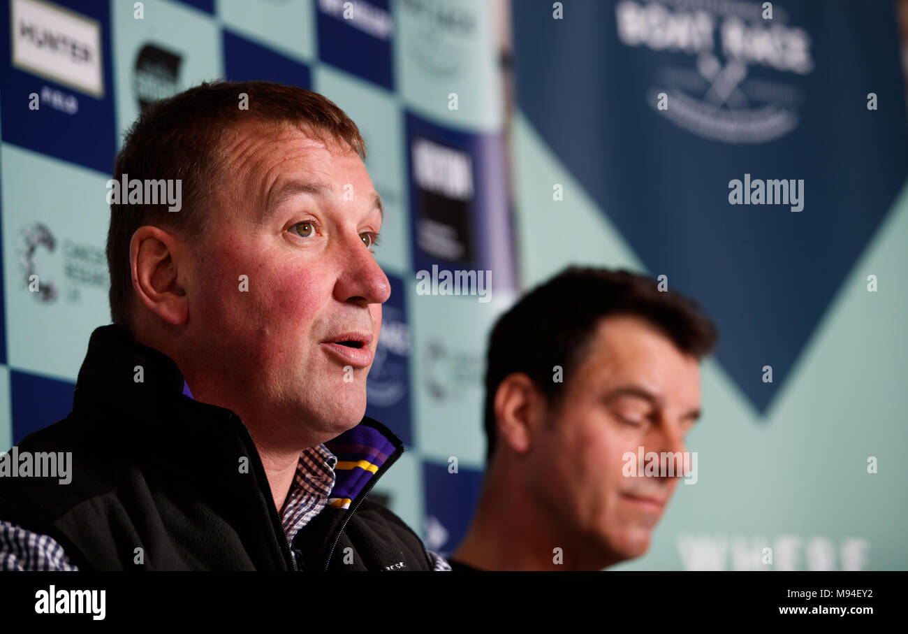 The Boat race umpire's Sir Matthew Pinsent, (left) and John Garrett, (right) during a press conference at the Thames Rowing Club, London. Stock Photo