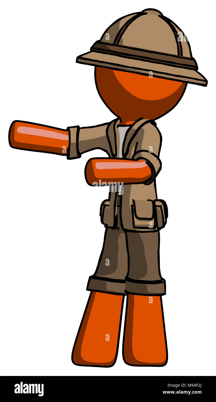 Orange explorer ranger man presenting something to his right Stock ...