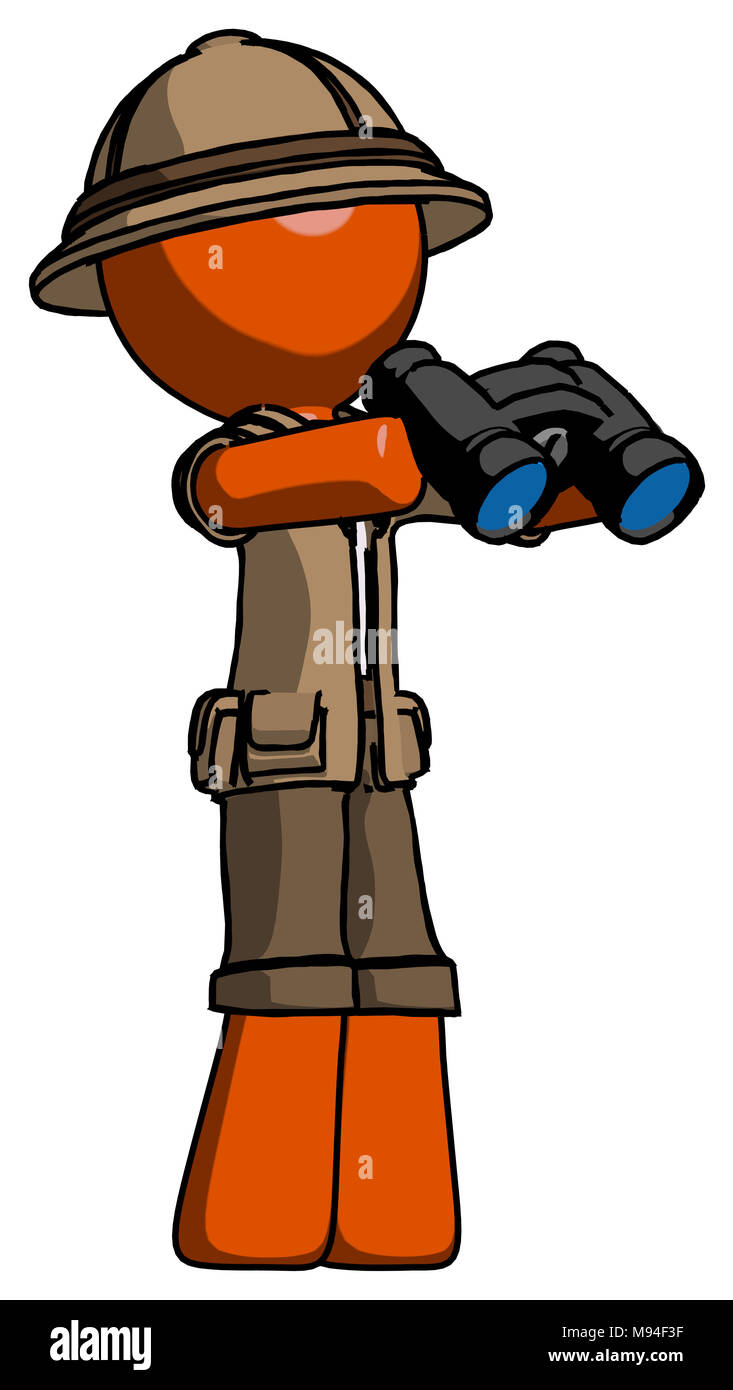 Orange explorer ranger man holding binoculars ready to look right Stock ...
