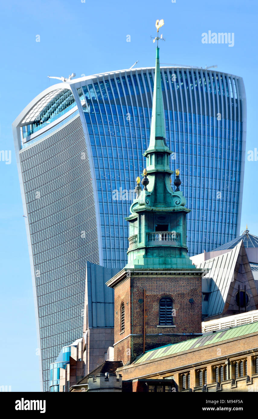 London, England, UK. Walkie Talkie building / 20 Fenchurch Street  (2014: Rafael Viñoly) All Hallows by the Tower church spire, one of the oldest in L Stock Photo