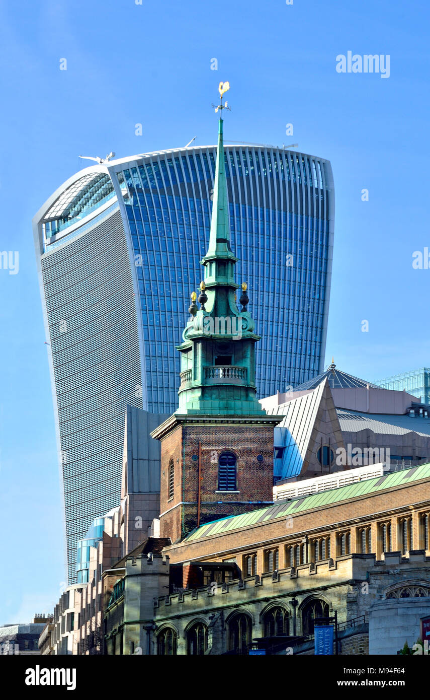 London, England, UK. Walkie Talkie building / 20 Fenchurch Street  (2014: Rafael Viñoly) All Hallows by the Tower church spire, one of the oldest in L Stock Photo