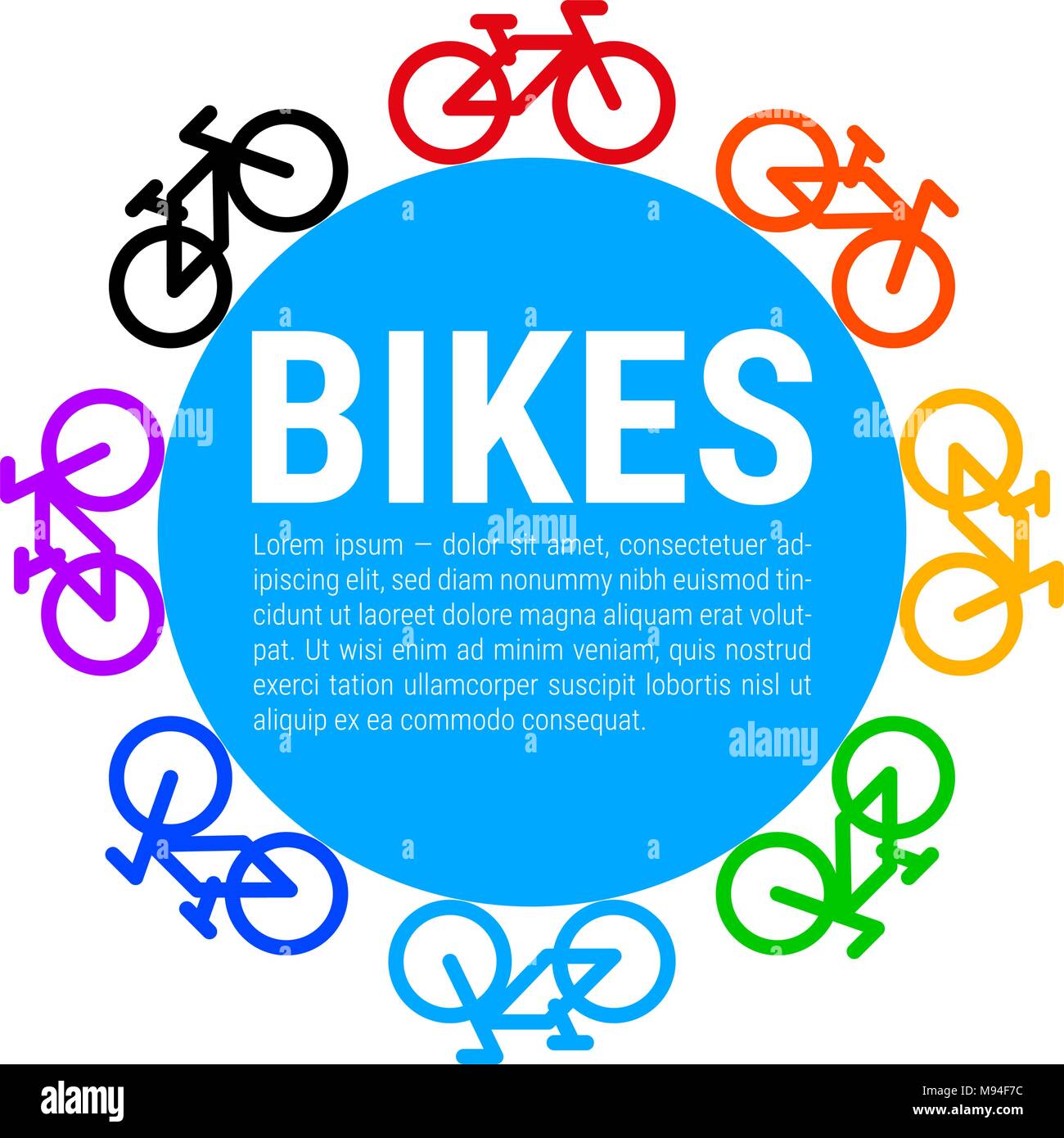 Multicolored Bicycle Icons and Blue Circle Background. Vector Illustration Stock Vector