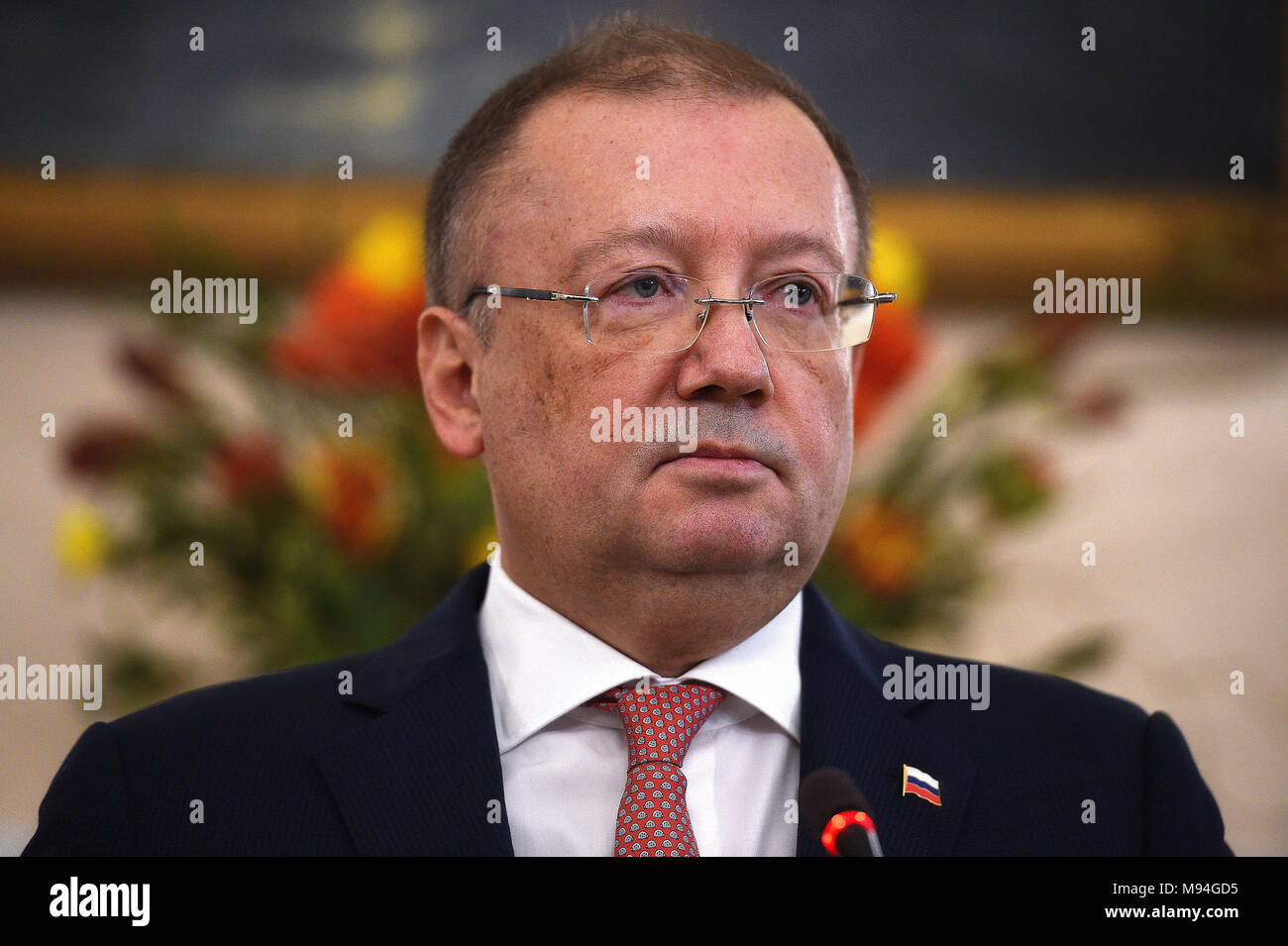 Russian ambassador Alexander Vladimirovich Yakovenko speaking at a news conference at his country's embassy in London in the aftermath of the Salisbury nerve agent attack on Russian double agent Sergei Skripal and his daughter Yulia. Stock Photo