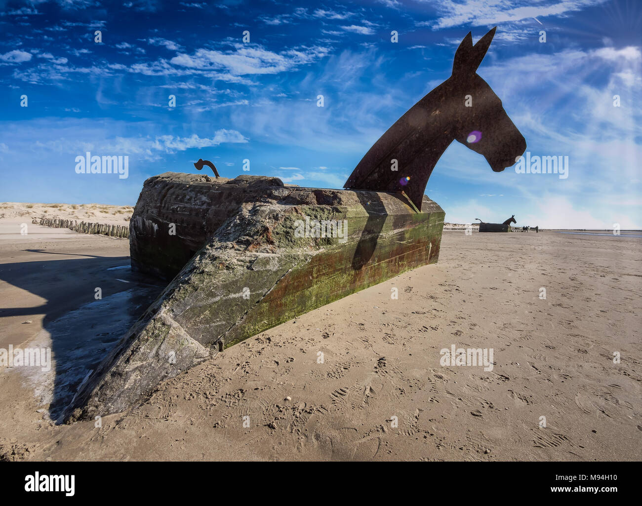 World war 2 bunkers with cdecoration as sea horses in blaavand at the North  sea coast, Denmark Stock Photo - Alamy