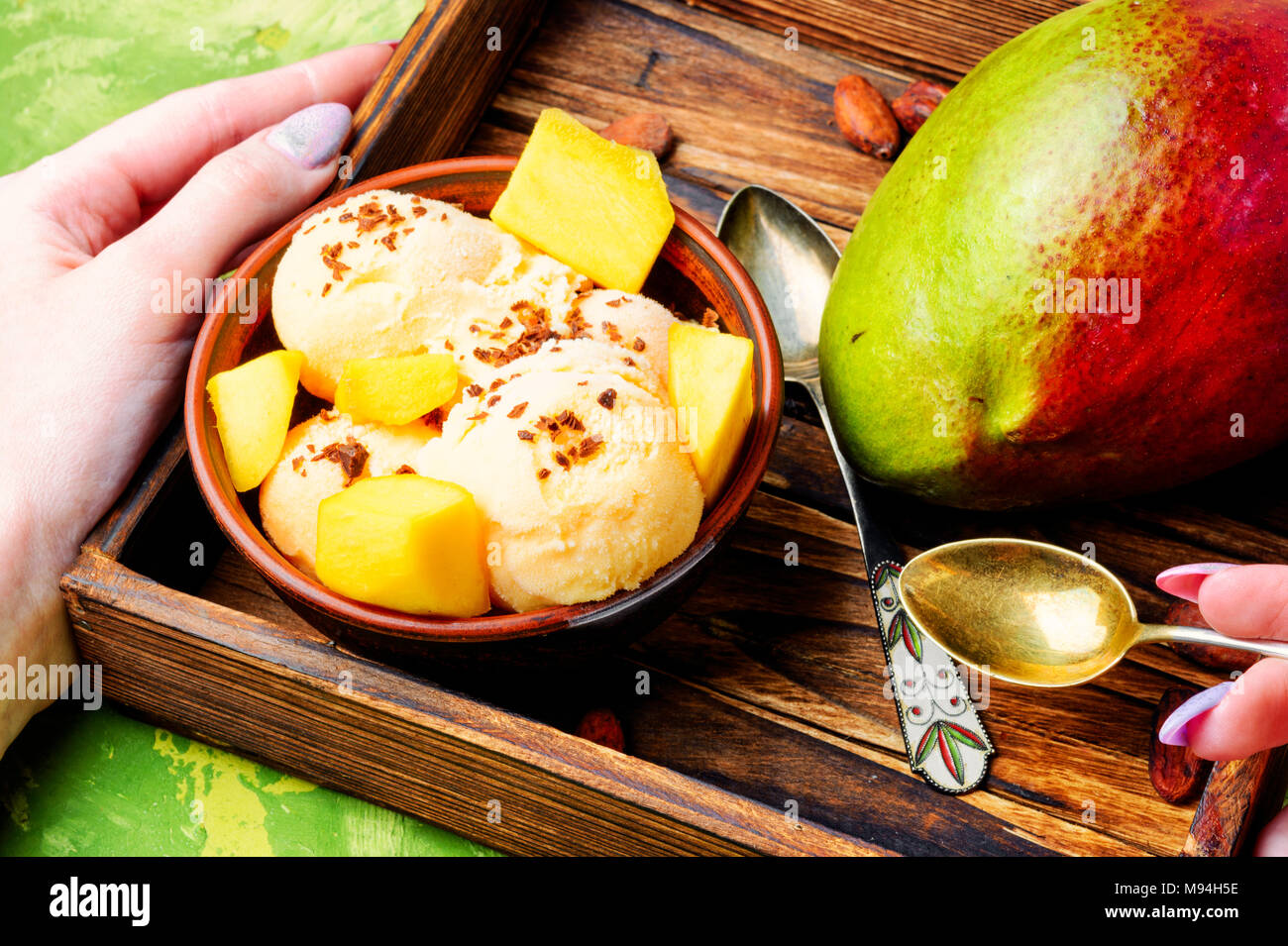 Ice Cream Mango Fruit And A Spoon For Ice Cream In Wooden Tray Stock Photo Alamy