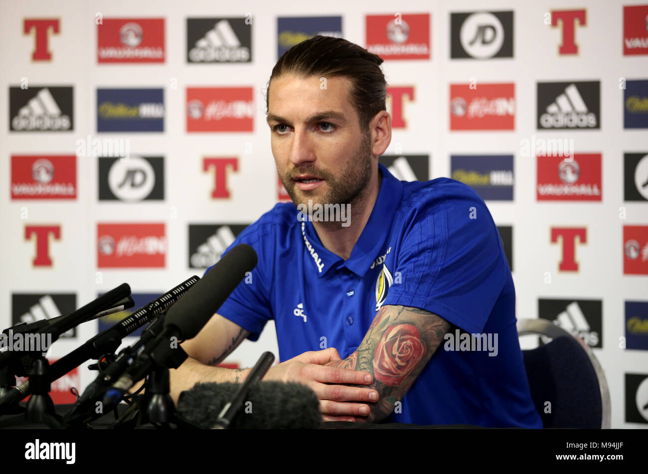 Scotland's Charlie Mulgrew during a Press Conference at Hampden Park, Glasgow. PRESS ASSOCIATION Photo. Picture date: Thursday March 22, 2018. See PA story SOCCER Scotland. Photo credit should read: Jane Barlow/PA Wire. Stock Photo