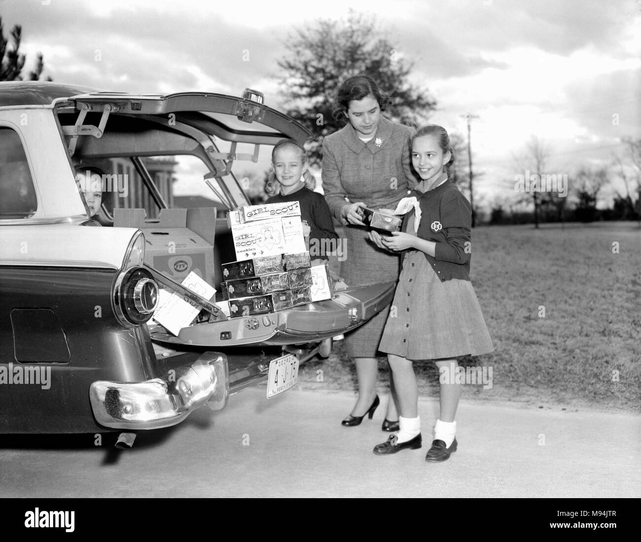 Selling Girl Scout cookies in Georgia, ca. 1959. Stock Photo