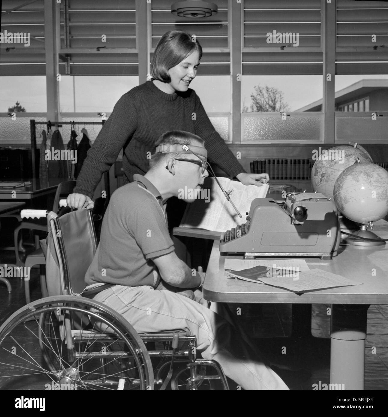 Early tech help for the physically disabled, ca. 1965. Stock Photo