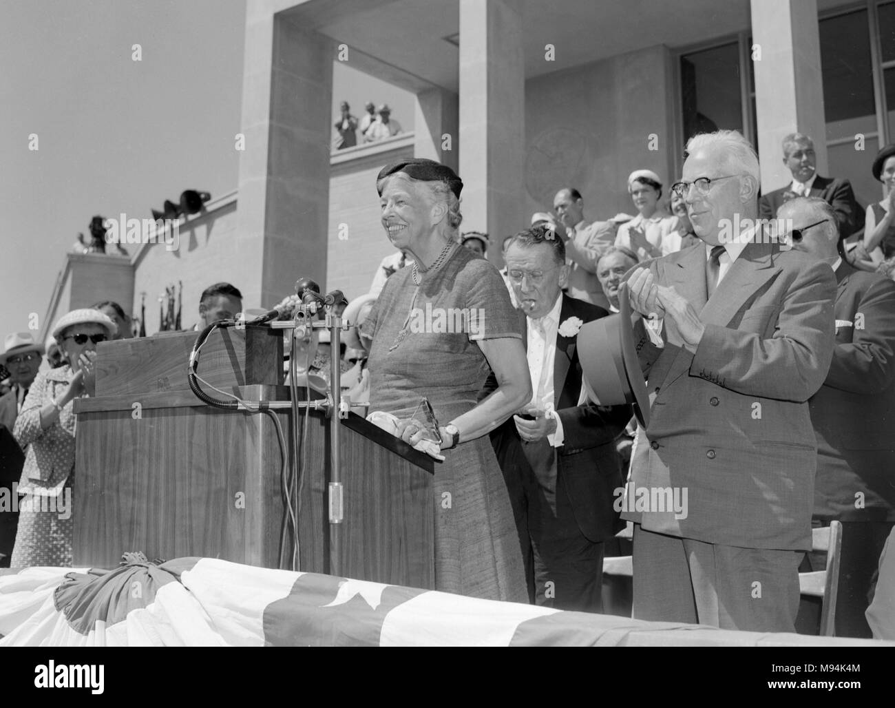 Former first lady Eleanor Roosevelt speaks at the dedication of the Harry S. Truman Presidential Library in 1958. Stock Photo