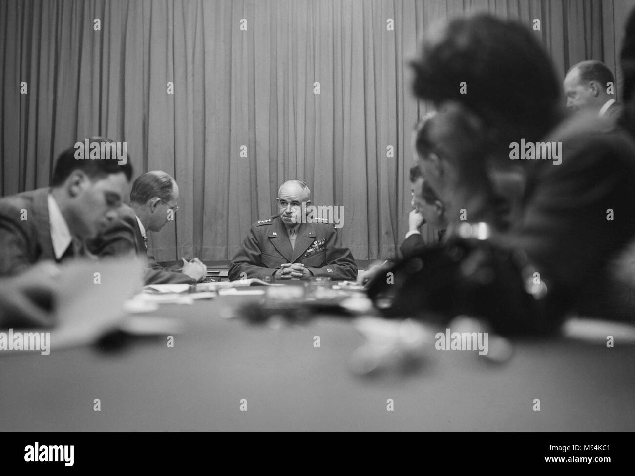 Army General Omar Bradley holds a press conference  in Chicago as the Administrator of Veteran Affairs for President Harry S. Truman in October 1945. Stock Photo