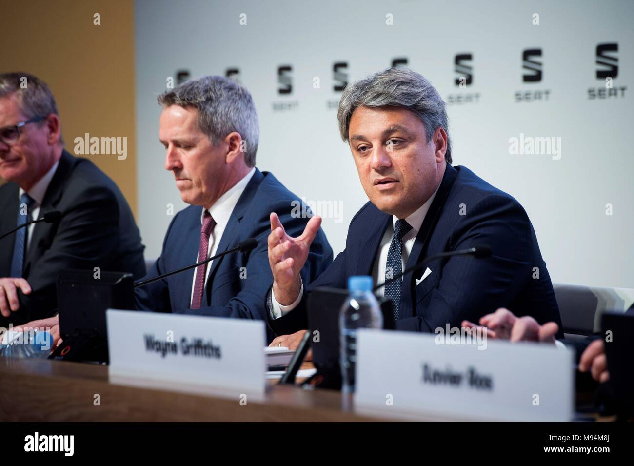 Madrid Spain 22nd Mar 2018 Seat Chairman Luca De Meo R And Seat Executive Vice President For Finance It And Organization Holger Kintscher 2l Attend The Presentation Of 2017 Results In A Press