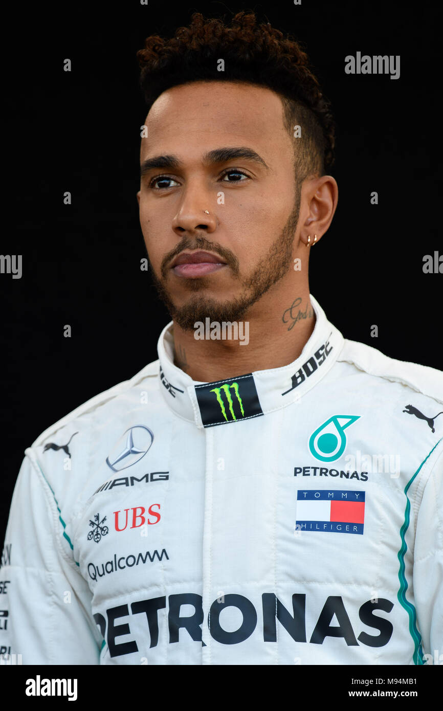 Albert Park, Melbourne, Australia. 22nd Mar, 2018. Lewis Hamilton (GBR) #44 from the Mercedes AMG Petronas Motorsport team posing for his driver's portrait prior to the first race of the season at the 2018 Australian Formula One Grand Prix at Albert Park, Melbourne, Australia. Sydney Low/Cal Sport Media/Alamy Live News Stock Photo