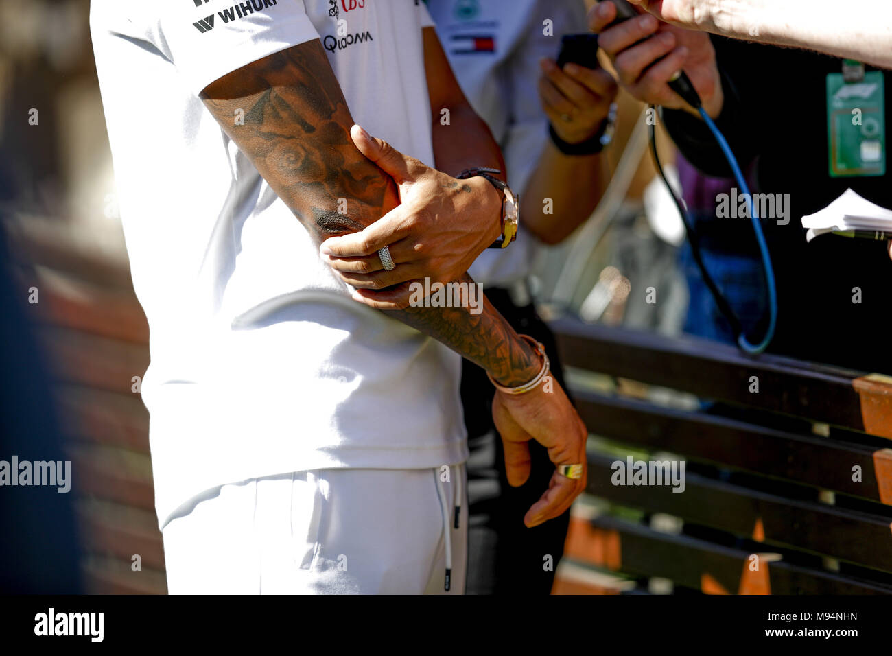 Melbourne, Australia. 22nd Mar, 2018. Motorsports: FIA Formula One World Championship 2018, Melbourne, Victoria : Motorsports: Formula 1 2018 Rolex  Australian Grand Prix,   Tattoo on arm#44 Lewis Hamilton (GBR, Mercedes AMG Petronas F1 Team), Credit: dpa picture alliance/Alamy Live News Stock Photo