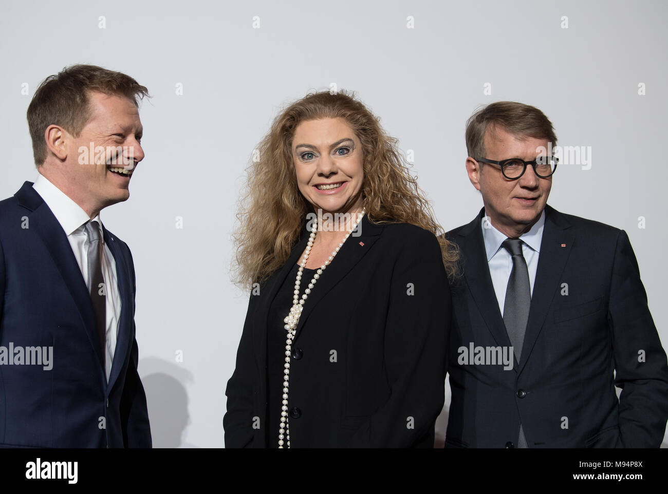 22 March 2018, Germany, Berlin: Chief executive of the Deutsche Bahn (German Train Company), Richard Lutz (L), executive of digilitisation and technology, Sabina Jeschke and executive of infrastructure, Ronald Pofalla, arriving at the press conference. Photo: Soeren Stache/dpa Stock Photo