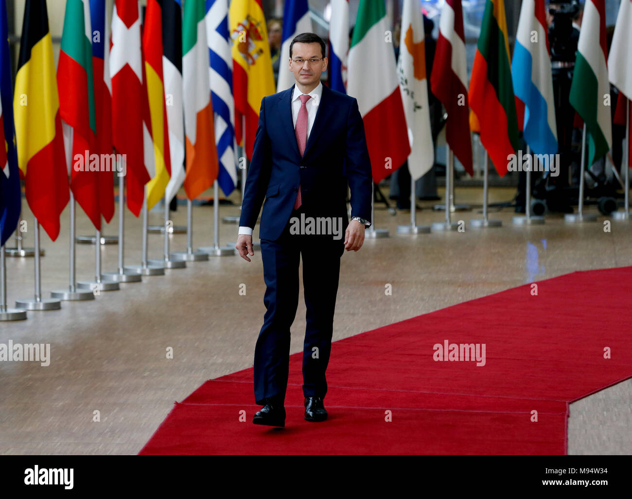 Brussels. 22nd Mar, 2018. Polish Prime Minister Mateusz Morawiecki arrives for the spring EU Summit at the EU headquarters in Brussels, Belgium, March. 22, 2018. Credit: Ye Pingfan/Xinhua/Alamy Live News Stock Photo