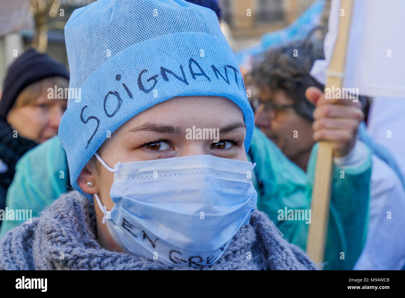 Lyon, France, 22nd March 2018: Called by trade unions and left wing parties, protesters including school and hospital staff, civil servants, rail workers, students and collegians, are seen in Lyon (Central-Eastern France) on March 22, 2018, as they take part in a demonstration held against French government's string of reforms.  In Lyon, the number of the demonstrators was estimated to more or less 10 000 people, according to the Police. Credit: Serge Mouraret/Alamy Live News Stock Photo