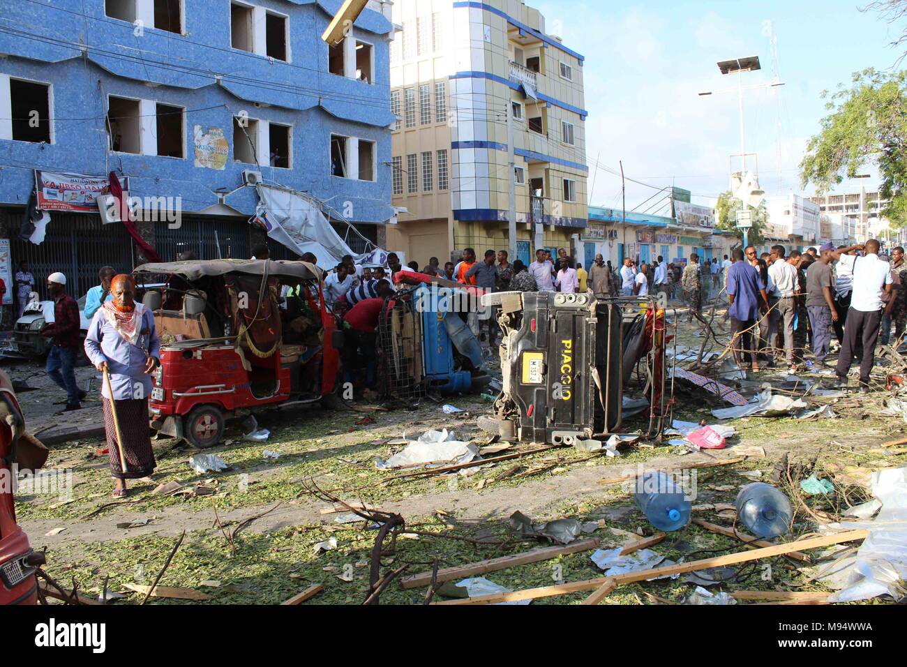 Mogadishu. 22nd Mar, 2018. Photo taken on March 22, 2018 shows the explosion site in Mogadishu, capital of Somalia. At least 14 people were killed and several others injured in a bomb attack outside a popular hotel in Somali capital Mogadishu on Thursday. Credit: Faisal Isse/Xinhua/Alamy Live News Stock Photo