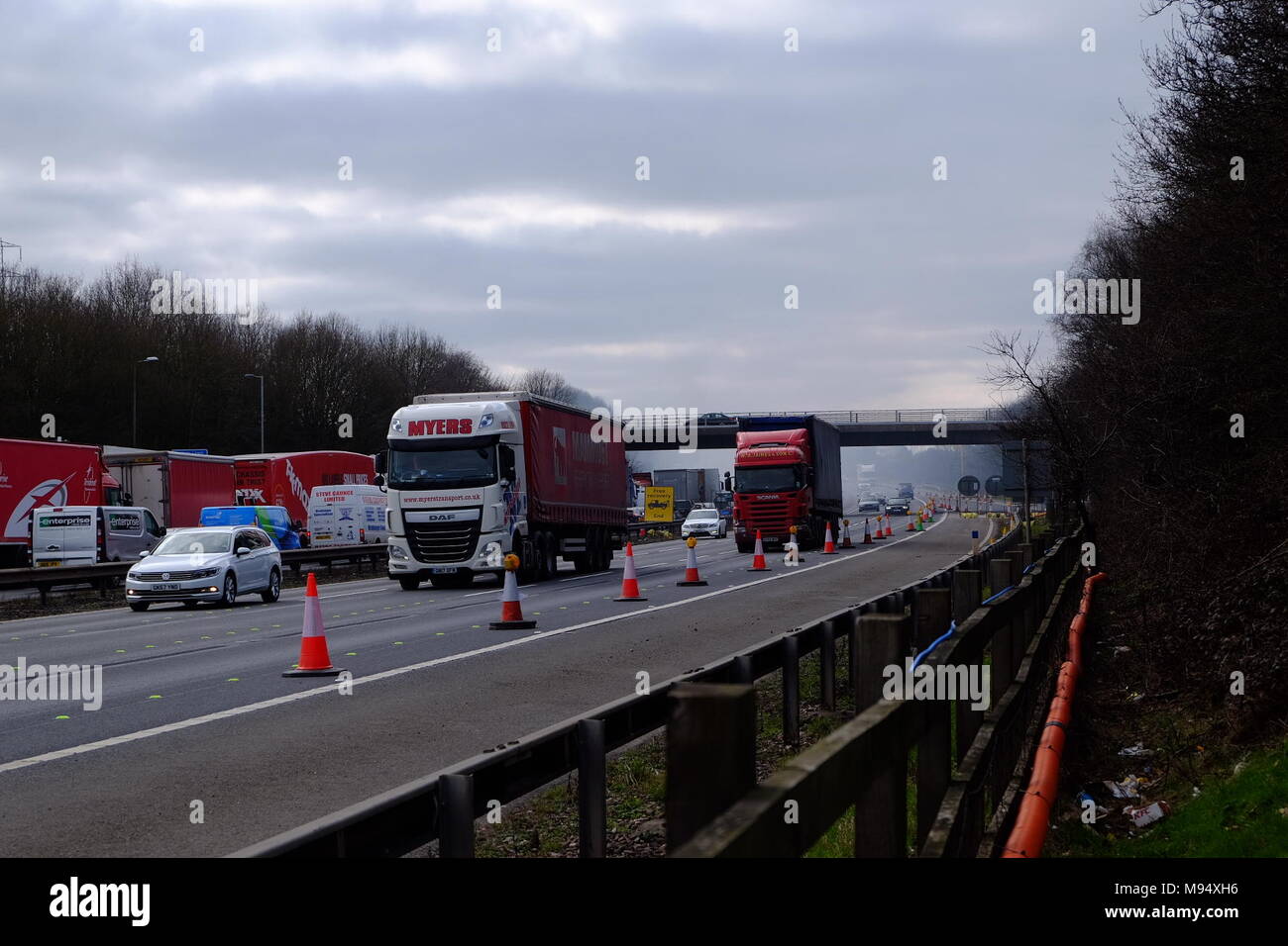 Motorway is stopped due to a fire, M6, Corley, UK. 22nd Mar, 2018. M6 closure due to skip fire creates major traffic jam. Credit: Malcolm Locker/Alamy Live News Stock Photo
