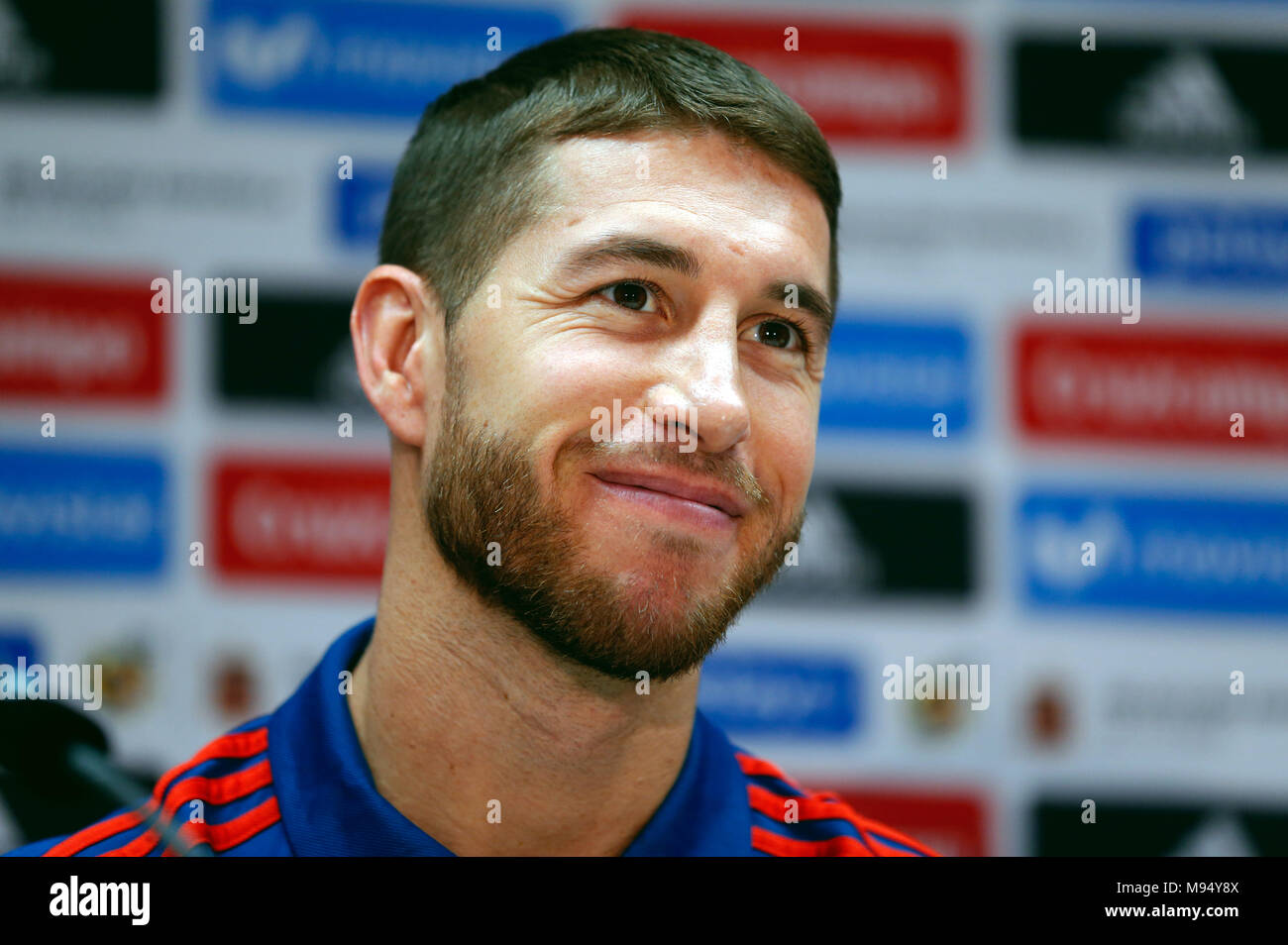 22 March 2018, Germany, Duesseldorf, Spain vs. Germany, Soccer press conference Spanish national team: Spanish player Sergio Ramos listens to the questions of the press. Spain is going to play on Friday 23 March 2018 against Germany in a friendly match. Photo: Ina Fassbender/dpa Stock Photo