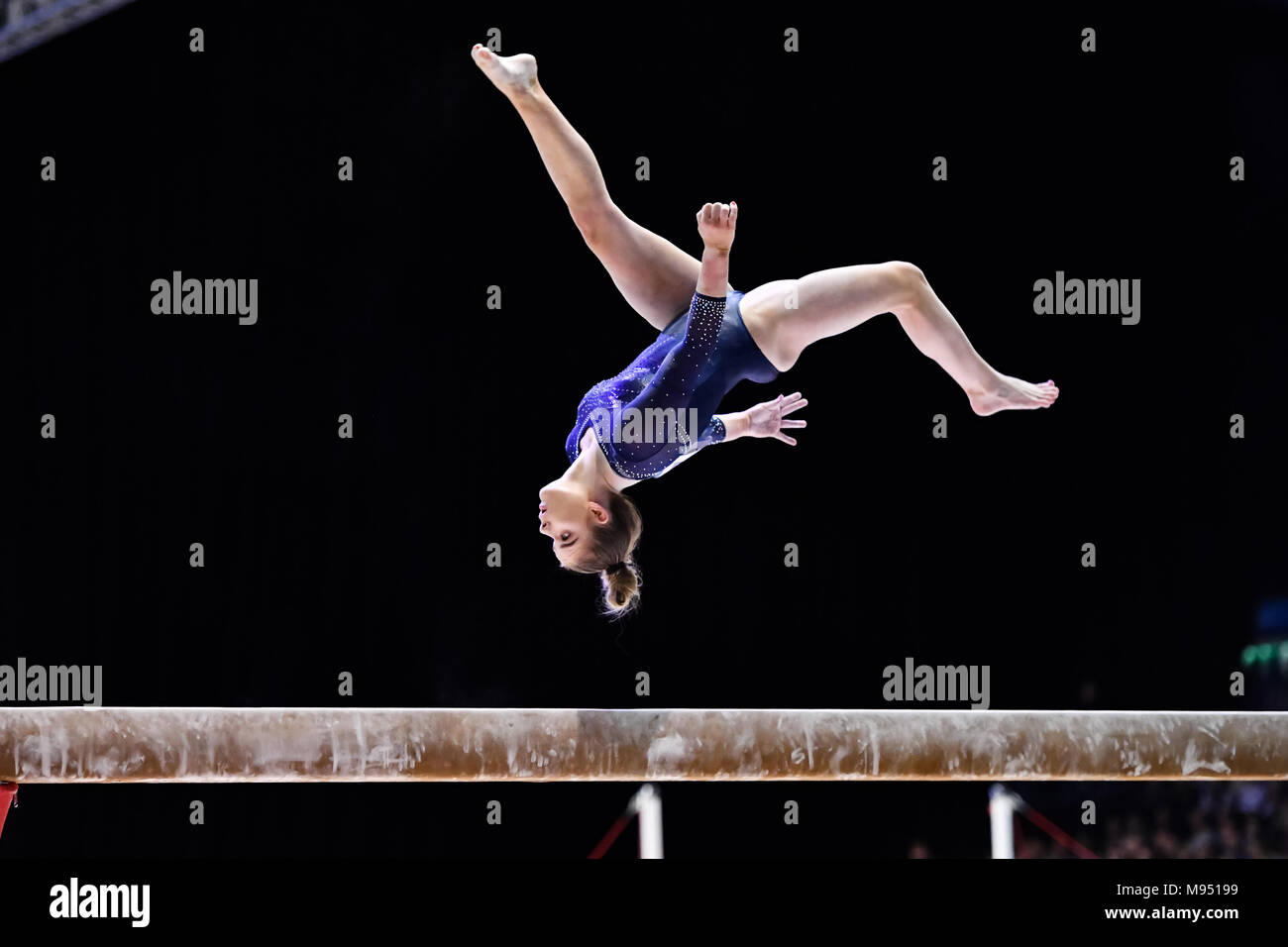 Birmingham, UK. 22nd march, 2018. Alice Kinsella (GBR) competes on the Balance Beam during the 2018 FIG Gymnastics World Cup at Arena Birmingham on Thursday, 22 March 2018. Birmingham England. Credit: Taka G Wu Credit: Taka Wu/Alamy Live News Stock Photo