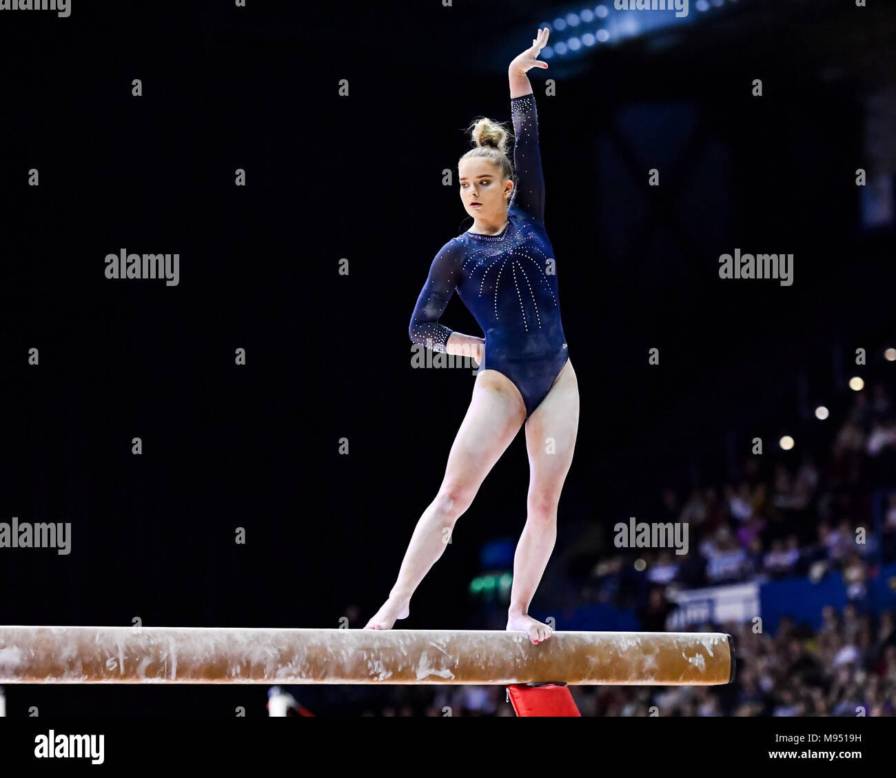 Birmingham, UK. 22nd march, 2018. Alice Kinsella (GBR) competes on the Balance Beam during the 2018 FIG Gymnastics World Cup at Arena Birmingham on Thursday, 22 March 2018. Birmingham England. Credit: Taka G Wu Credit: Taka Wu/Alamy Live News Stock Photo