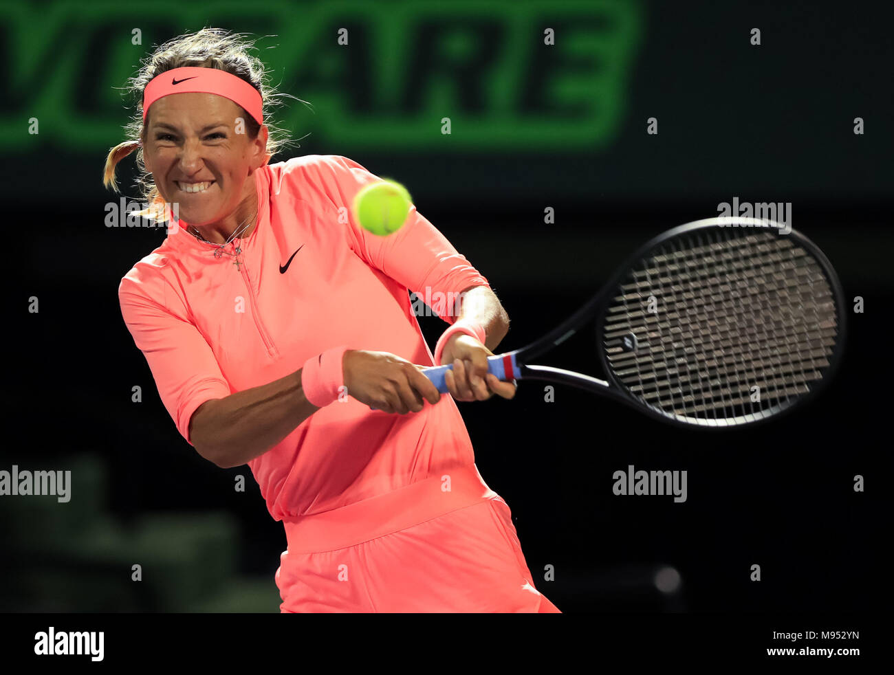 Key Biscayne, Florida, USA. 22nd Mar, 2018. Victoria Azarenka from Belarus plays against Madison Keys from the United States of America during an early round of the 2018 Miami Open presented by Itau professional tennis tournament, played at the Crandon Park Tennis Center in Key Biscayne, Florida, USA. Azarenka won 7-6(5), 2-0 (Ret). Mario Houben/CSM/Alamy Live News Stock Photo