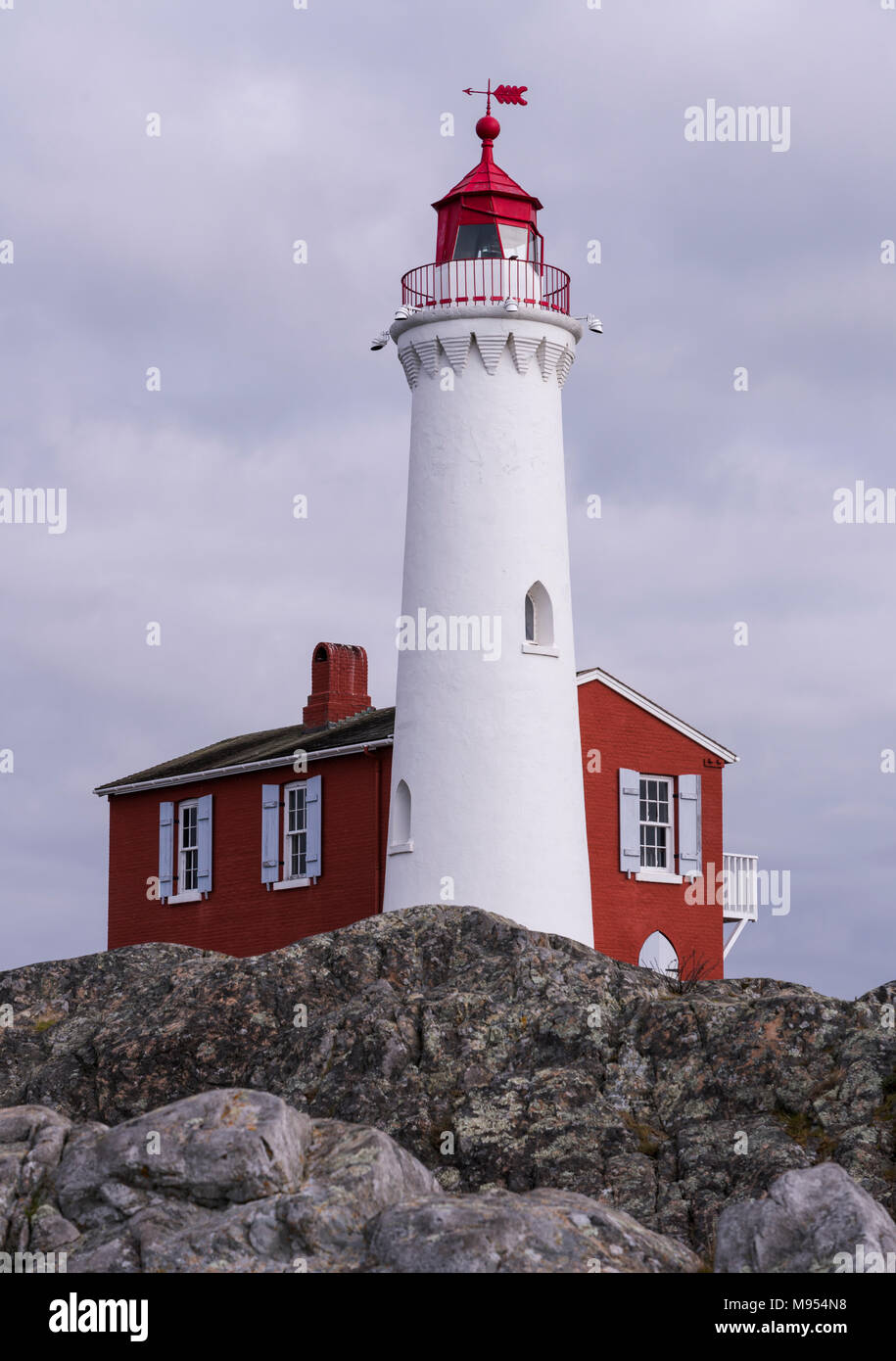 The Fisgard Lighthouse at Fort Rodd Hill National Historic Site in Colwood near Victoria, British Columbia, Canada. Stock Photo
