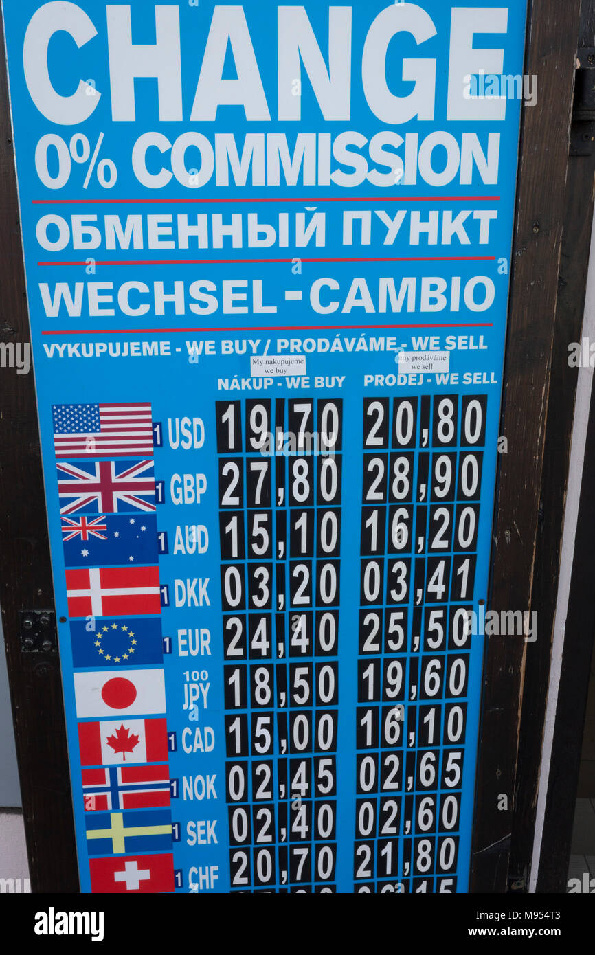 International currency rates on the board outside a bureau-de-change in Hradcany district, on 19th March, 2018, in Prague, the Czech Republic. Stock Photo