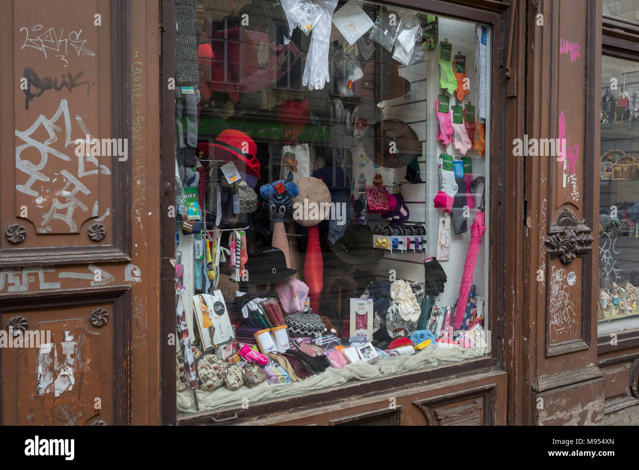 Exterior of an old clothing shop in the Smichov district, Prague 5, on