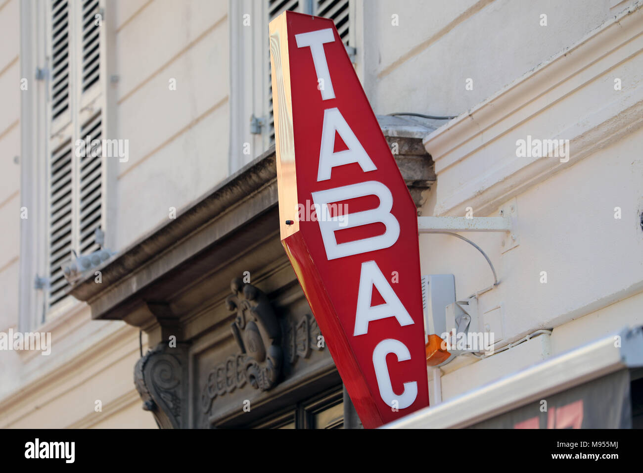 French Red And White Sign Tabac. In France "Tabac" Means Tobacco Stock