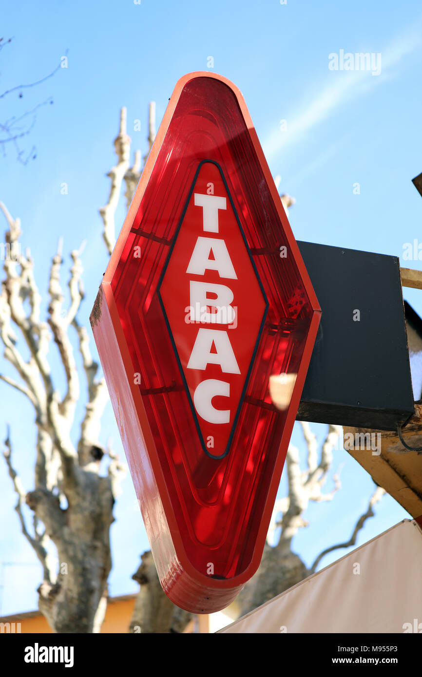 French Red And White Sign Tabac. In France 'Tabac' Means Tobacco Stock Photo