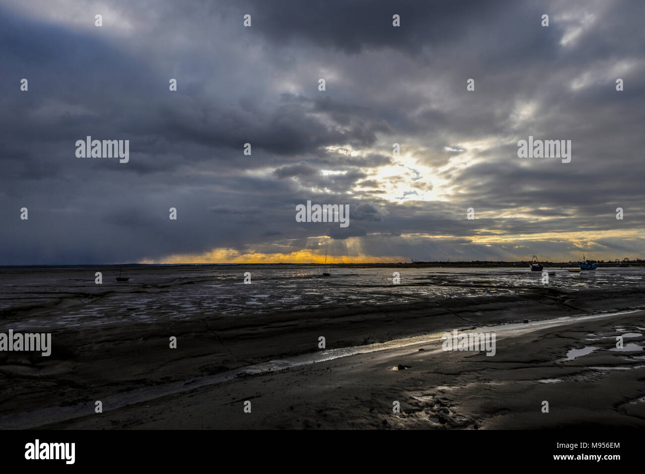 Vast expanse of mud at Leigh on Sea, Essex, Thames Estuary at low tide. Leigh Creek at sunset. Dusk. Space for copy Stock Photo