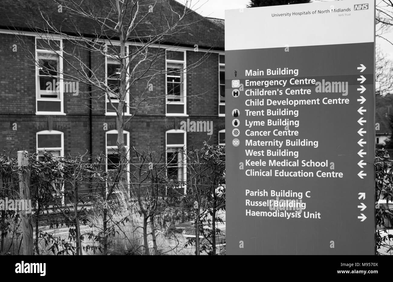 The Royal Stoke Hospital in Stoke on Trent with sign listing departments Stock Photo