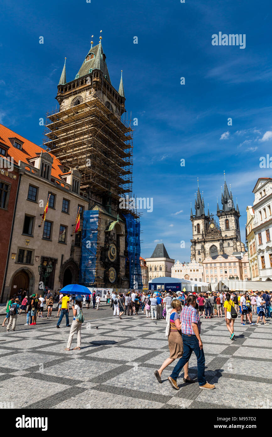 PRAGUE, CZECH REPUBLIC - JUNE 15, 2017: View of the Prague astronomical clock during reconstruction on June 15, 2017. Prague orloj is a medieval astro Stock Photo