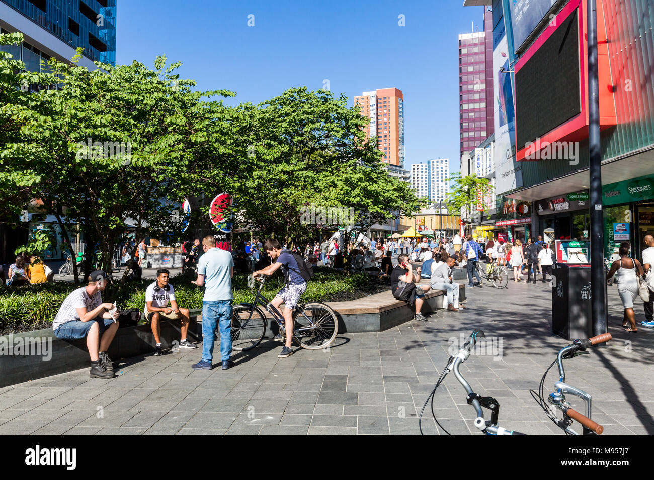 ROTTERDAM, NETHERLANDS - MAY 25, 2017: View of people shopping at the shopping street Binnenwegplein and Lijnbaan on May 25, 2017. Its located in the  Stock Photo