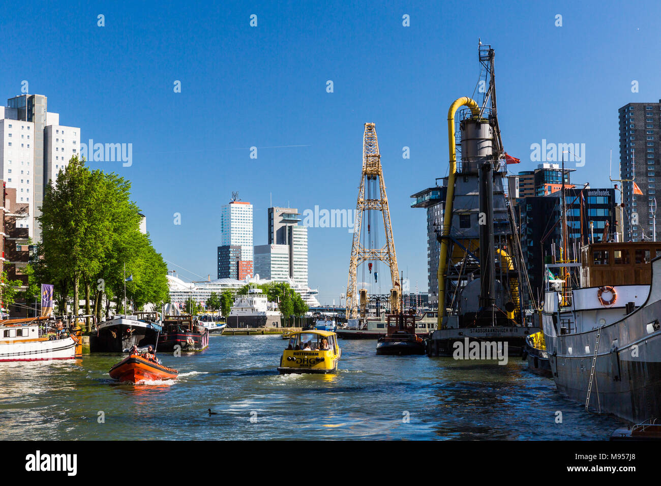 ROTTERDAM, NETHERLANDS - MAY 25, 2017: Exterior view of the Leuvehaven ship harbor in the city center of Rotterdam on May 25, 2017. Its located betwee Stock Photo