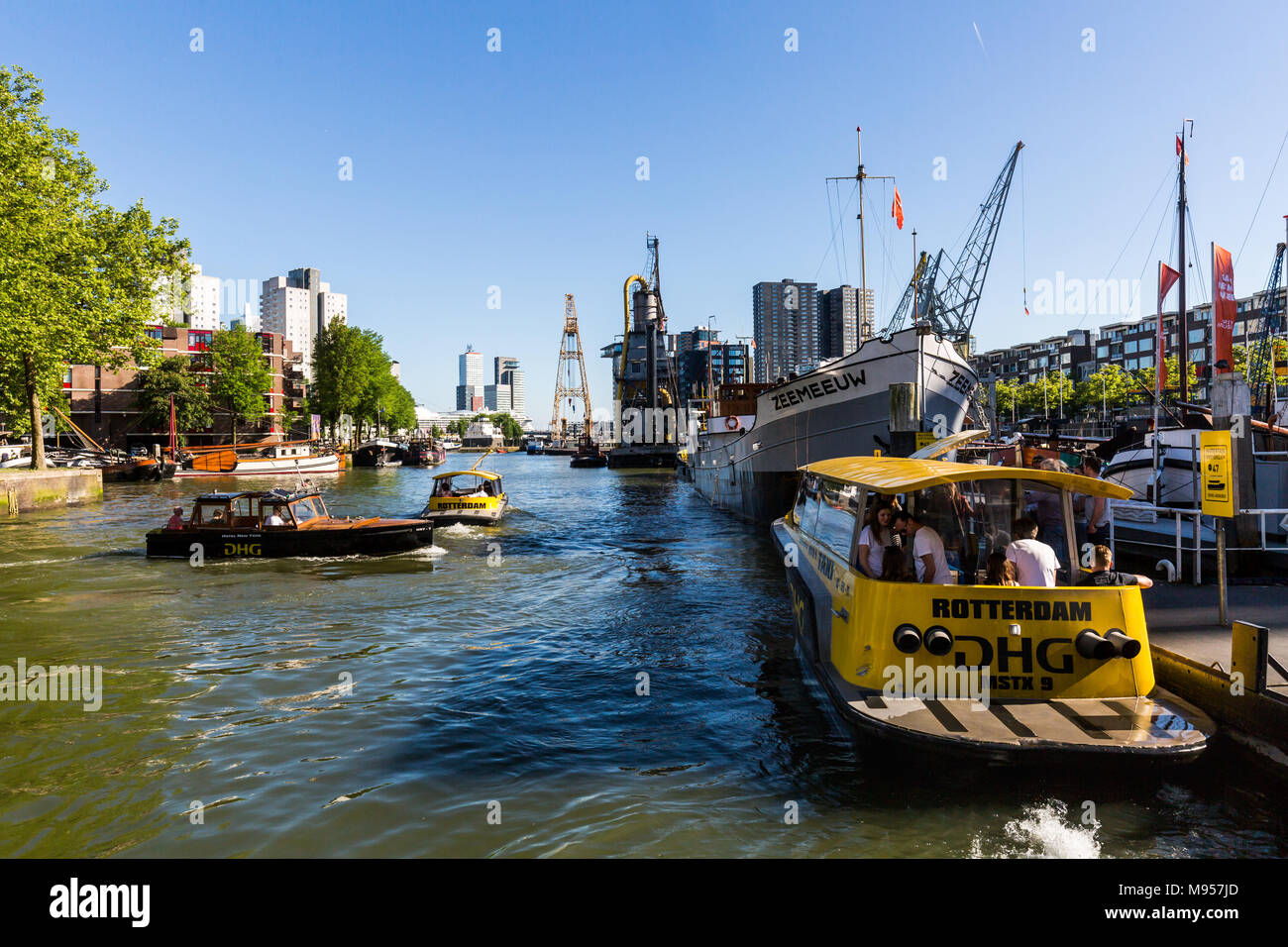 ROTTERDAM, NETHERLANDS - MAY 25, 2017: Exterior view of the Leuvehaven ship harbor in the city center of Rotterdam on May 25, 2017. Its located betwee Stock Photo