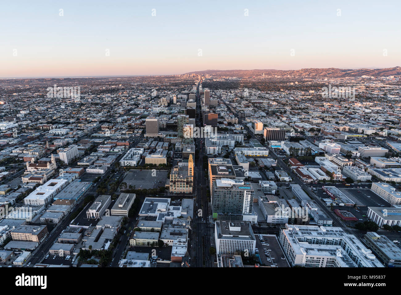 Los Angeles, California, USA - February 20, 2018:  Predawn aerial view of Wilshire Bl in the Korea Town neighborhood near downtown LA. Stock Photo