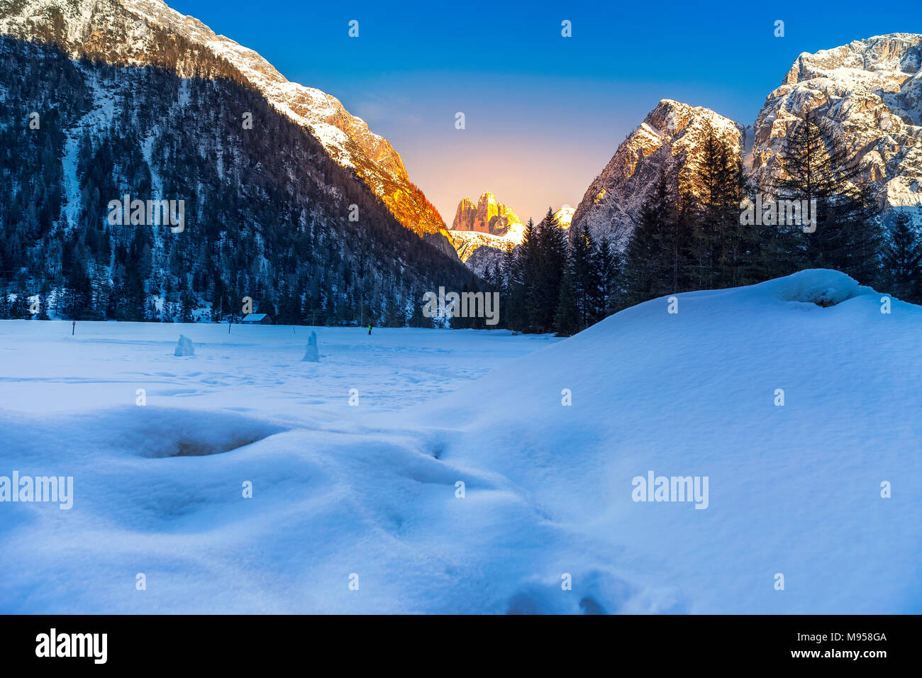 Tre Cime di Lavaredo, Three Peaks in winter time, South Tyrol, Sexten Dolomites, Alto Adige, Italy Stock Photo
