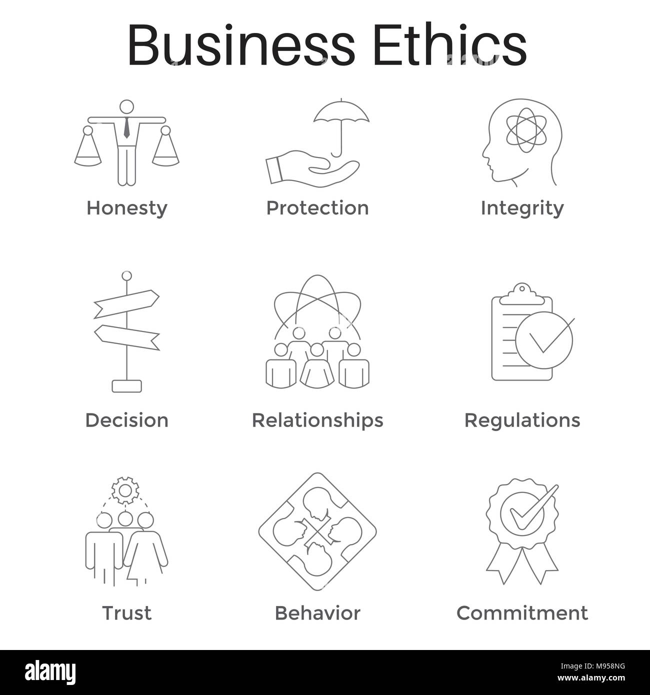 Business Ethics Solid Icon Set with Honesty, Integrity, Commitment, and Decision Stock Vector