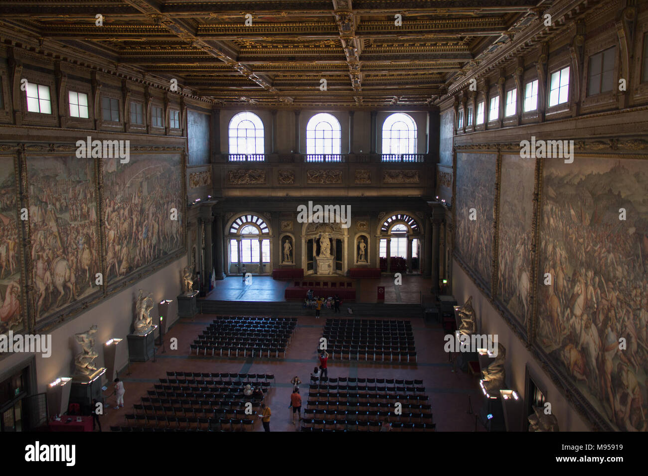 Italy, Florence - May 18 2017: the view of the Salone dei Cinquecento at Palazzo Vecchio on May 18 2017 in Florence, Italy. Stock Photo